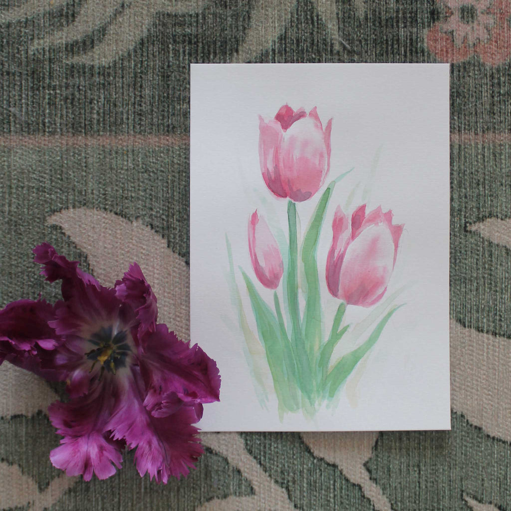Original Aquarellgemälde "Drei rosa Tulpen"