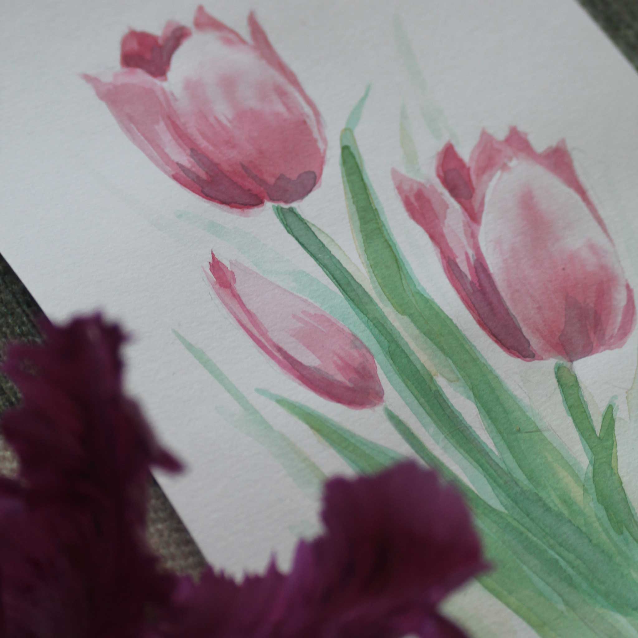 Original Aquarellgemälde "Drei rosa Tulpen"