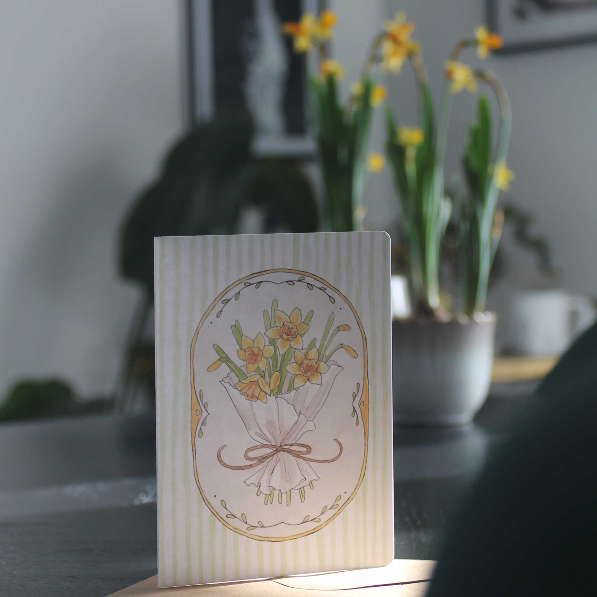 Grußkarte im Vintage-Look mit Osterglocken-Motiv